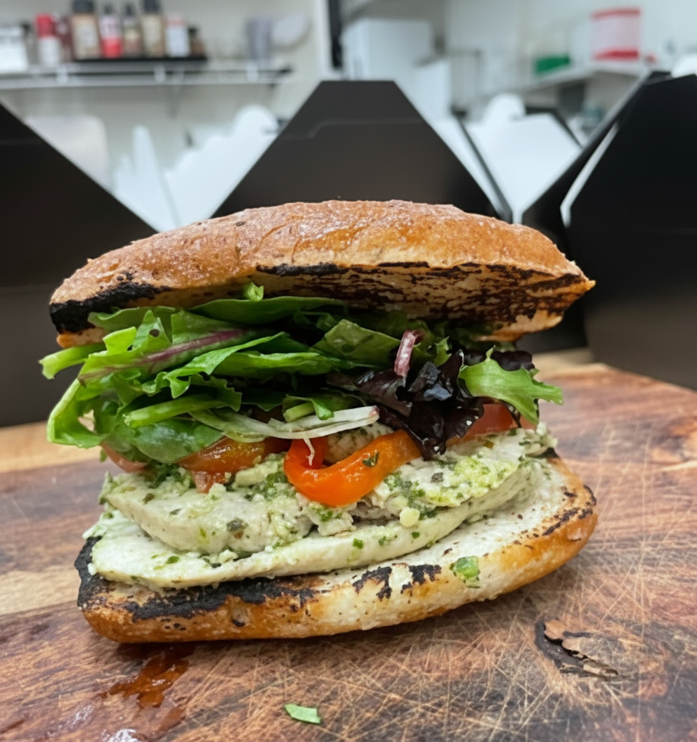 Gluten-free chicken pesto sandwich on toasted gluten-free bread with basil pesto, roasted red peppers and mixed greens